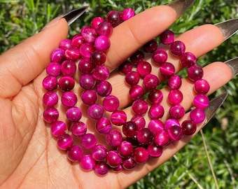 Hot Pink Tiger Eye Bracelet, Healing Crystals, Chakra Natural Stones, Pink Beaded Handmade Jewelry, Gemstone Bracelet, 8mm Stretchy Bracelet