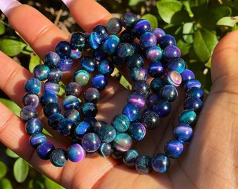 Blue Galaxy Tiger Eye Bracelet, Birthday gift, Crystal Bracelet, Gemstone Bracelet, Healing Crystals, 6mm, 8mm, Beaded Handmade Jewelry