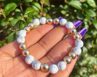 Bransoletka z Howlite i Złotego Hematytu, Bransoletka z Kamieniami Szlachetnymi, Bransoletka Męska, Prezent dla Niego, Prezent Unisex, Bransoletka z Koralików z Kamienia Naturalnego Czakry
