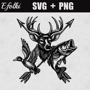 May include: Black and white illustration featuring a deer head with antlers, a duck, and a fish, all pierced by arrows. The image includes the text "Efolki SVG + PNG" at the top. The design has a hunting or outdoors theme.
