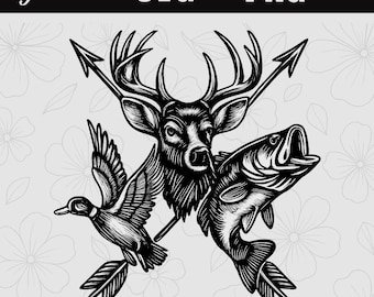 SVG y PNG de ciervo, pato y ave de caza; SVG de anzuelo para ciervo, pato y pez; Diseño vectorial de parche para sombrero de cuero grabado con láser para actividades al aire libre (caza y pesca).