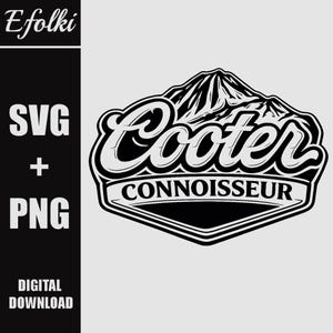 Op de afbeelding: Zwart-wit digitaal ontwerp met de tekst "Cooter Connoisseur" en een bergillustratie. Het ontwerp bevat SVG- en PNG-bestandsformaten, beschikbaar als digitale download.
