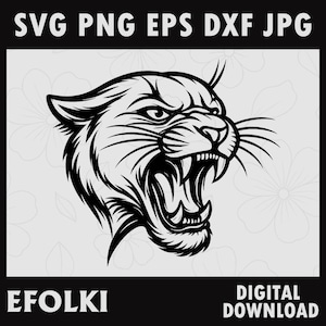 Op de afbeelding: Zwart-wit illustratie van een grommende poema-kop. De afbeelding bevat de tekst "SVG PNG EPS DXF JPG" bovenaan en "EFOLKI" en "DIGITAL DOWNLOAD" onderaan. De bek van de poema staat open en toont scherpe tanden.
