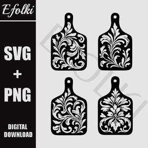 Könnte beinhalten: Vier schwarze Schneidebrett-Designs mit weißen floralen Mustern. Jedes Brett hat einen Griff und eine rechteckige Schneidefläche. Das Bild enthält den Text "SVG + PNG DIGITALER DOWNLOAD" und den Markennamen "Efolki".