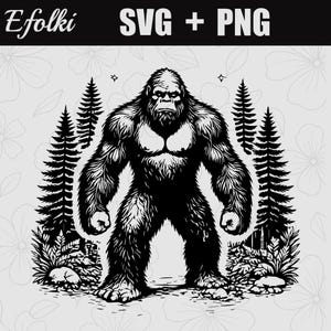 Puede incluir: Ilustración en blanco y negro de un Bigfoot, también conocido como Sasquatch, en un entorno forestal. La imagen incluye el texto "SVG + PNG" y el nombre de la marca "Efolki".