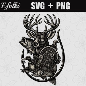 May include: Black and white illustration featuring a deer, fish, turkey, and duck, all within a stylized hook shape. The image includes the text "SVG + PNG" and the brand name "Efolki" at the top.