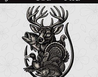 SVG y PNG de ciervo, pato y ave de caza; SVG de anzuelo para ciervo, pato y pez; Diseño vectorial de parche para sombrero de cuero grabado con láser para actividades al aire libre (caza y pesca).