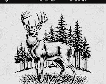 Silueta de ciervo en SVG PNG / Escena forestal / Archivo de corte de vida silvestre al aire libre / Parche de sombrero de cuero grabado con láser y Cricut / Descarga instantánea