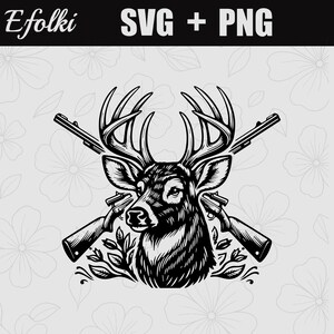 May include: A monochrome graphic featuring a deer's head with antlers, crossed rifles, and the text "Efolki SVG + PNG". The deer is surrounded by leaves, suitable for hunting or outdoor themes.