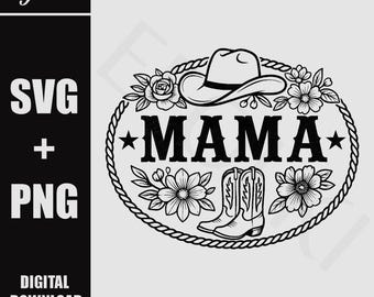 Country Western MAMA SVG PNG, hebilla floral de vaquera sureña atrevida, parche de sombrero de cuero, archivo de grabado láser, archivo de corte de logotipo vectorial de diseño.
