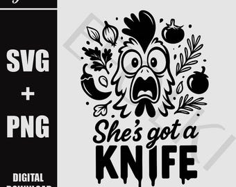 Grappige F-Caw-F kip SVG PNG, She's Got a Knife SVG, landbouwhuisdieren, Screaming Rooster Svg png, boerenerfhumor, sarcastische kippenhaan