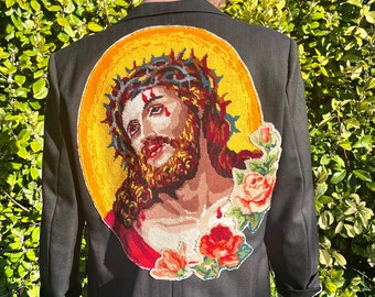 Blazer upcycled vintage Jésus-Christ avec toile vintage unique