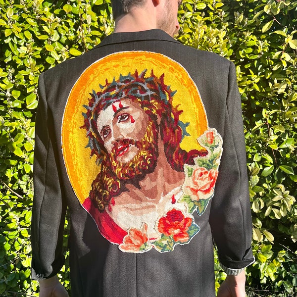 Blazer upcycled vintage Jésus-Christ avec toile vintage unique