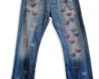 Mariposas Levis - Vaqueros vintage reciclados pintados a mano