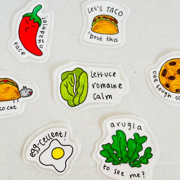 7-pc Jumbo Food Pun Stickers, Large Funny Food Stickers, Vegetable Pun Stickers