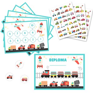 Système de récompense véhicules + 105 autocollants. 5 grandes cartes de récompense + 3 feuilles d'autocollants. Système de récompense enfant