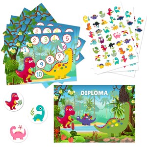 Système de récompense Dino + 105 autocollants. 5 grandes cartes de récompense + 3 feuilles d'autocollants. Système de récompense enfant.