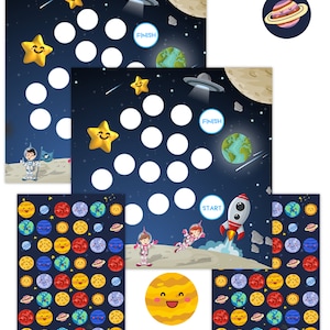 Système de récompenses l'espace + 96 autocollants. 2 cartes de récompenses + 2 feuilles d'autocollants. Système de récompenses enfants