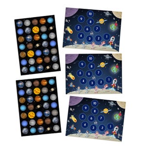 Sistema di ricompensa spazio + 70 adesivi. 3 grandi carte premio + 2 fogli di adesivi. Sistema di ricompensa per bambini.