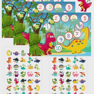 Système de récompense Dino + 70 autocollants. 3 grandes cartes de récompense + 2 feuilles d'autocollants. Système de récompense enfant.