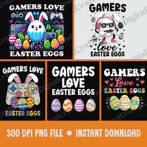 Könnte beinhalten: Eine Sammlung digitaler Designs mit Ostermotiven. Die Designs zeigen den Text "GAMERS LOVE EASTER EGGS" mit pixeligen Hasen, Gamecontrollern und dekorierten Ostereiern. Die Designs sind in verschiedenen Farben gehalten.