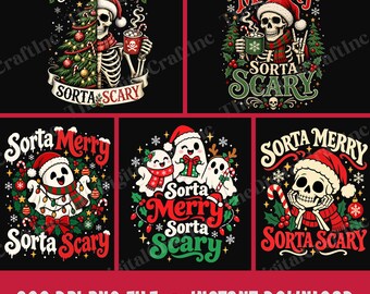 Sorta Merry Sorta Scary PNG, Funny Spooky Christmas Sublimation Design, Festive Skeleton, Ghost Clipart Bundle