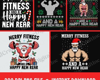Frohe Fitness und ein glückliches neues hinteres Png, lustiges Weihnachtspng, hebende Gewichte des Weihnachtsmanns Sublimationsentwurf, Weihnachten Gym Workout Png, Hantel Png