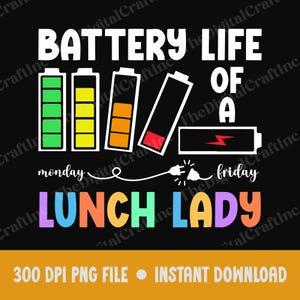 May include: A graphic design on a black background featuring the text BATTERY LIFE OF A MONDAY TO FRIDAY LUNCH LADY. Five battery icons show decreasing charge levels from green to red. A power cord connects the words monday and friday.