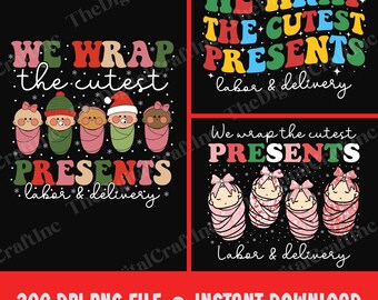 Wir wickeln die niedlichsten Geschenke Png, Arbeit & Lieferung Krankenschwester Png, niedlicher Swaddle-Spezialist Png, Mutter-Baby-Einheit Weihnachten Png, NICU Weihnachtsgeschenke