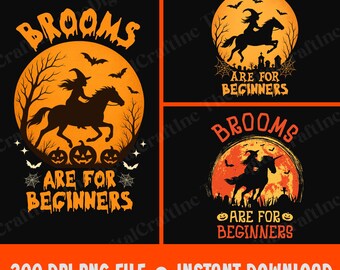 Besen sind für Anfänger (PNG), Halloween-Sublimationsdesign, Lustige Hexe reitet Pferd, Geschenk für Pferdeliebhaber, Gruselige Hexe (PNG)