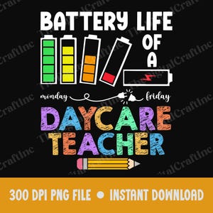 May include: A graphic design on a black background featuring the text BATTERY LIFE OF A DAYCARE TEACHER. It includes battery icons showing decreasing charge levels from green to red, a power cord graphic, and a yellow pencil at the bottom.