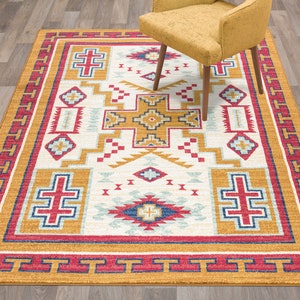 May include: A Southwestern-style area rug with a white background and a geometric pattern in shades of red, yellow, blue, and white. The rug has a border in shades of red, yellow, and blue.