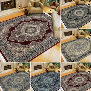 May include: Area rugs in various colors, including burgundy, navy, and gray, with ornate, floral-inspired central medallions and borders. The rugs are rectangular and displayed in a home setting, showcasing their decorative patterns and textures.