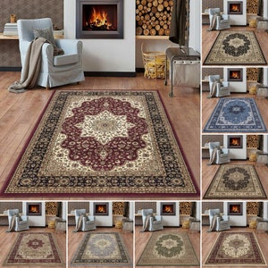 May include: A collage of ten different patterned rugs in various colors, including red, blue, green, and beige. The rugs are shown in a living room setting with a fireplace and a basket of logs.