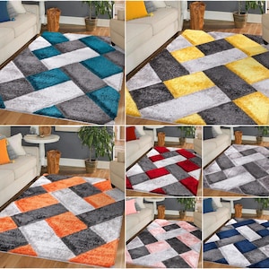 May include: A set of 10 fluffy rugs with a geometric pattern. The rugs are in various colors, including teal, yellow, red, orange, pink, and blue. The rugs are all made of a soft, plush material.