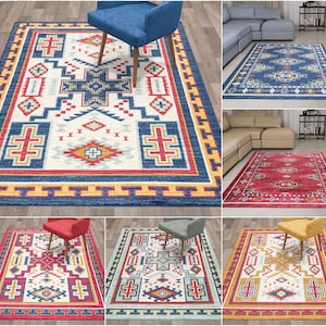 May include: Six different patterned rugs with geometric designs in shades of red, blue, yellow, and white. The rugs have a Southwestern or Native American inspired design.