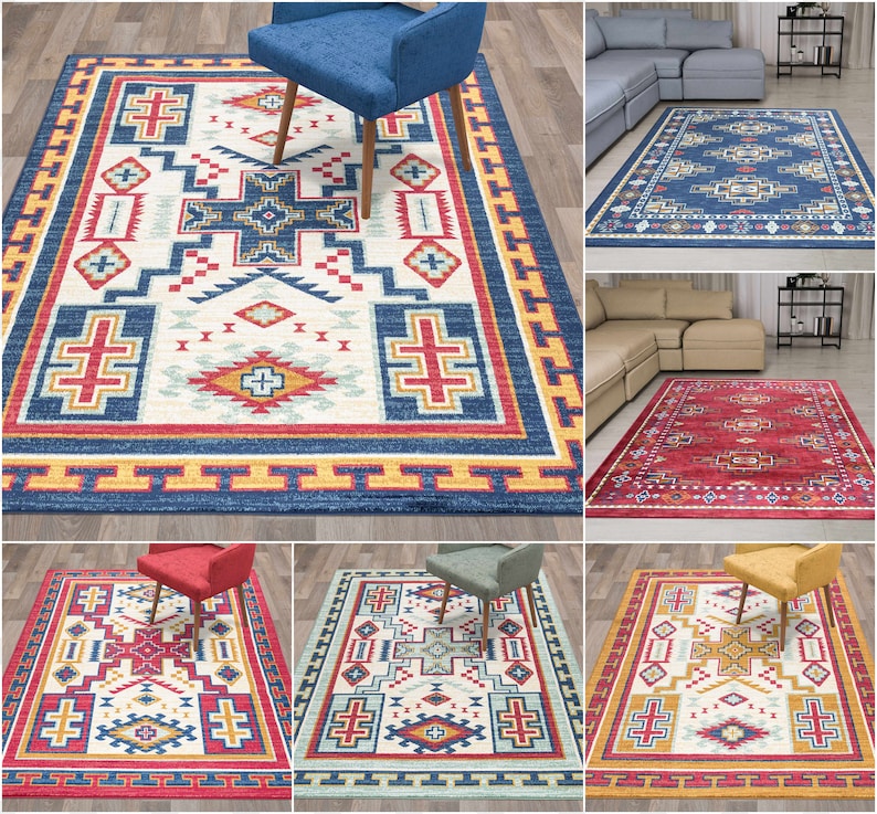 May include: Six different patterned rugs with geometric designs in shades of red, blue, yellow, and white. The rugs have a Southwestern or Native American inspired design.
