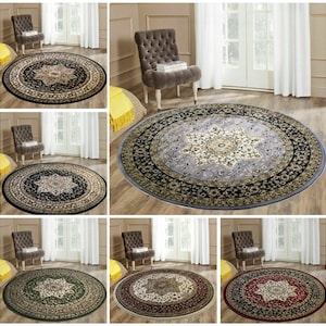 May include: Six round rugs with intricate floral patterns in various colors, including black, white, beige, green, and red. The rugs are displayed in a room with a chair and a window.