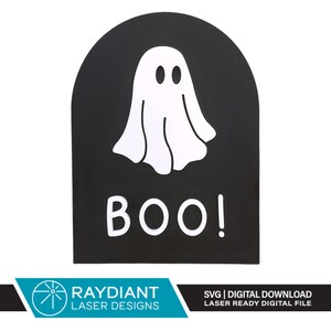 May include: Black and white ghost with the word "BOO!" on a black arch-shaped sign.
