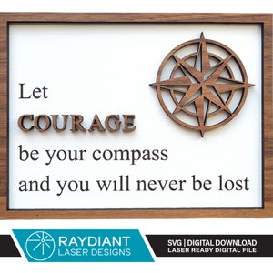 May include: A wooden sign with a white background and a brown wooden frame. The sign features a wooden compass with a brown wood grain and the text "Let COURAGE be your compass and you will never be lost".