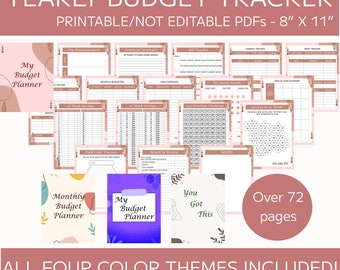 May include: A printable budget tracker with over 72 pages. The pages are organized into sections for financial goals, monthly budgeting, daily expenses, savings, debt, and more. The pages are designed in a pink and brown color scheme with a floral pattern.