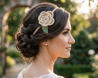 Tiara de flores para noiva, faixa de cabelo elástica com rosas de feltro, tiara de flores com miçangas, acessório de cabelo para casamento, tiara boho, presente para noiva, dia especial