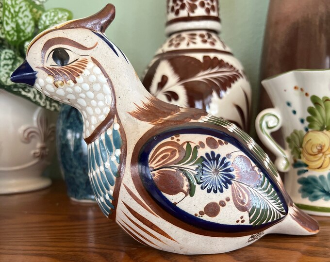 Tonala Pottery Bird Hand Painted Signed, Made in Mexico Hand Made Art