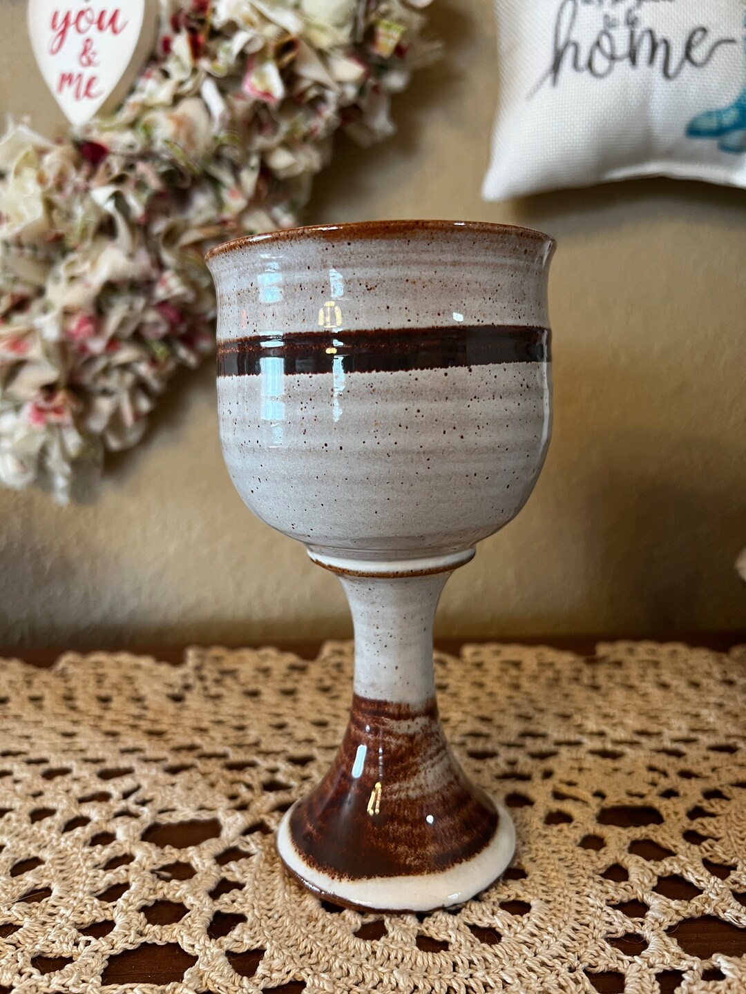 Beige and Brown Glazed Art Pottery Goblet, Signed, Handmade, Medium