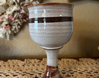 Beige and Brown Glazed Art Pottery Goblet, Signed, Handmade, Medium Wine Glass, Renaissance Faire Style Wine Cup, Medieval Chalice Type