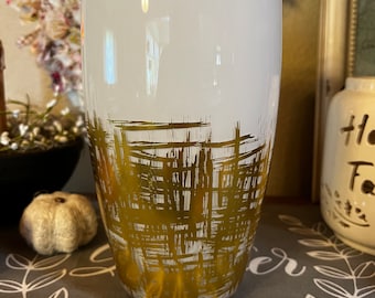 Vintage Cased Glass Vase, White and Gold Floral Container, Large, Tall, For Bouquet, Cut Flowers or Faux Arrangements, Heavy Weight, Festive