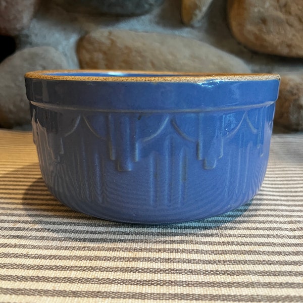 Vintage Old Stoneware Blue Round Bowl with Art Deco Design, Good Condition, Stamped Made In USA, 1930's Butter Crock, Skyscraper Pattern