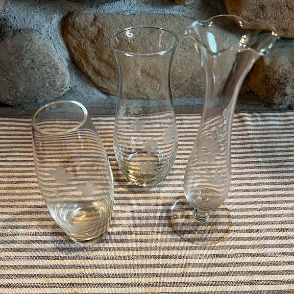 Set Of Three Hand Blown Floral Etched Bud Vases, Clear Glass, Frosted Etching, Different Shaped and Different Floral Prints, Party Dec, Chic