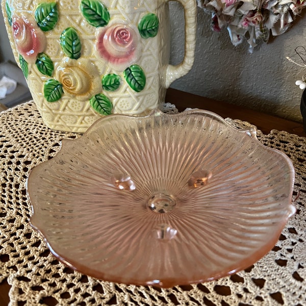 Fenton Pink Depression Glass, Velva Rose Opalescent Stretch Glass, Footed Decorative Dish, Candy Dish