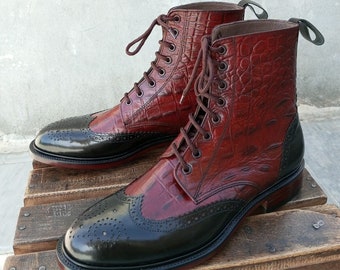 Bespoke Men's Red Alligator & Black Leather Wingtip Lace Up Ankle High Boot
